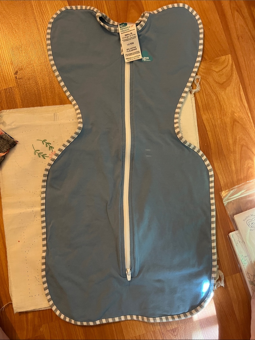 Love to Dream Blue Baby Swaddle Sleepsack with Striped Trim Size S